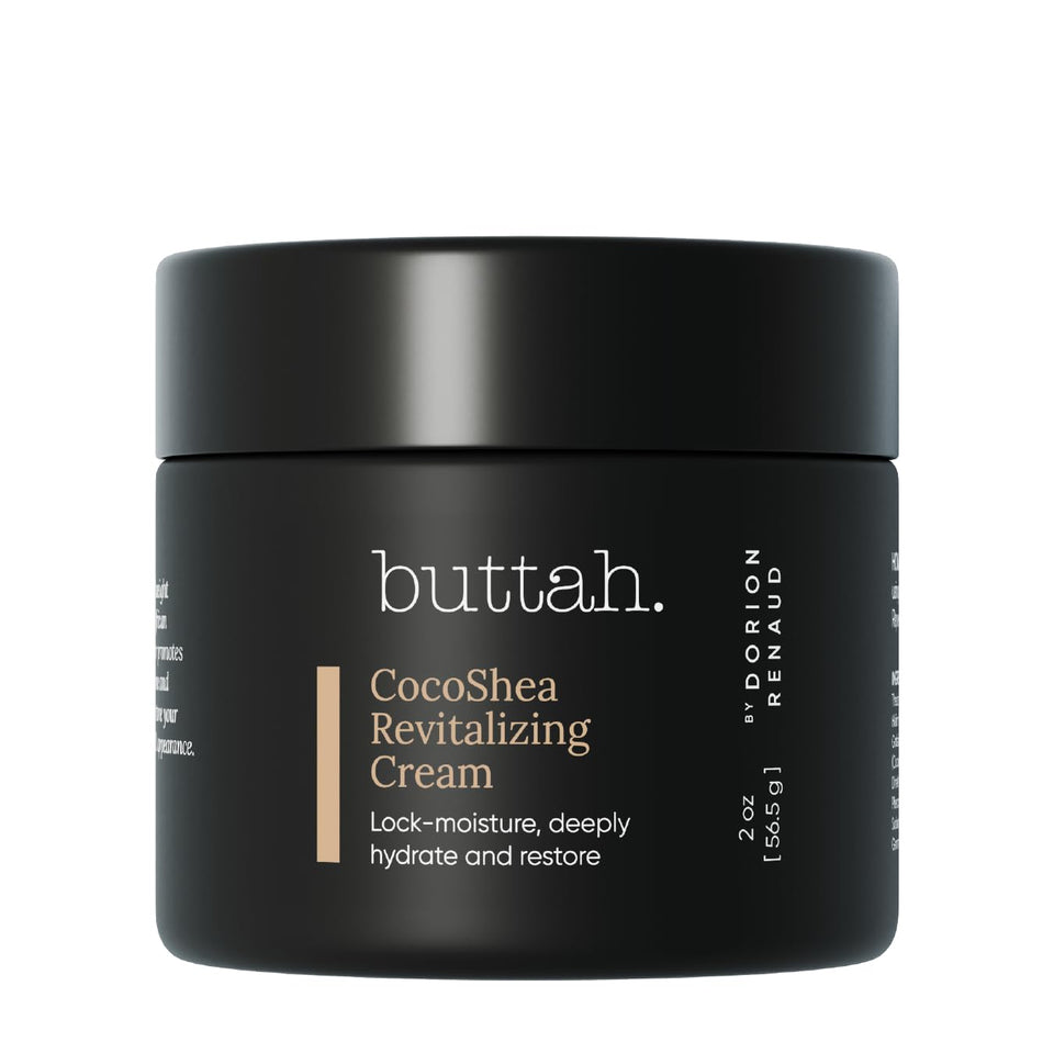 buttah front jar showing CocoShea cream and convenient 2 oz size benefit