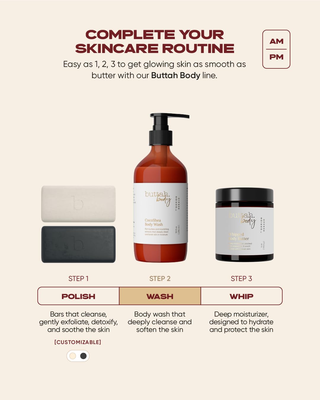 buttah. CocoShea lifestyle on bathroom shelf with towels showing curated skincare routine benefit