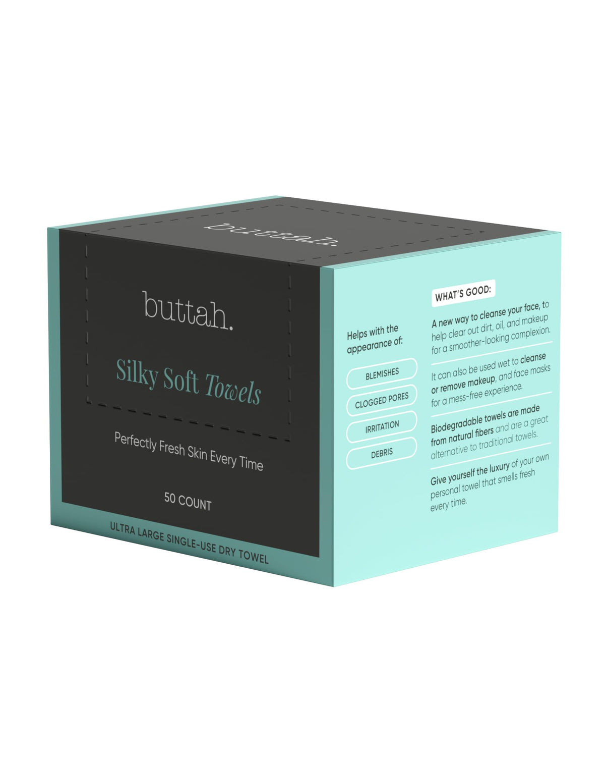 buttah. front packaging showing 50-count pack and portability benefits