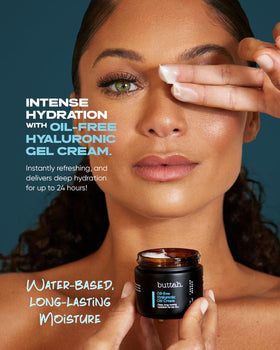 buttah ingredient bottles near jar highlighting niacinamide and grape seed benefits