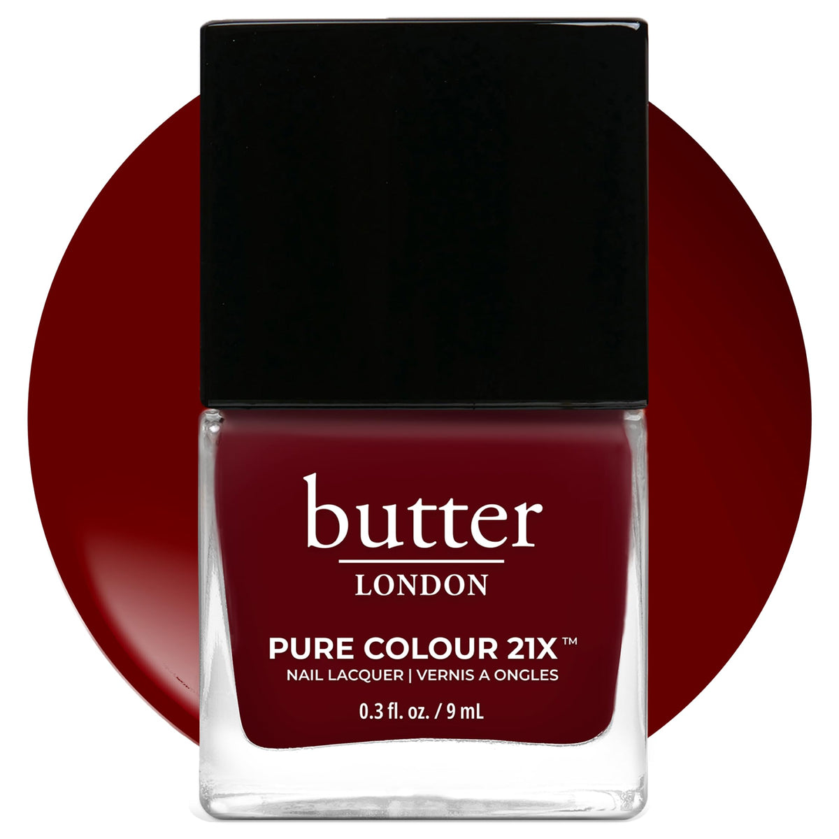 butter LONDON bottle front packaging showing deep blackberry shade and glossy finish