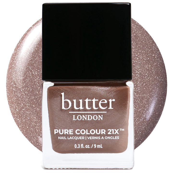 butter LONDON front bottle showing holographic taupe shade and glossy finish benefit