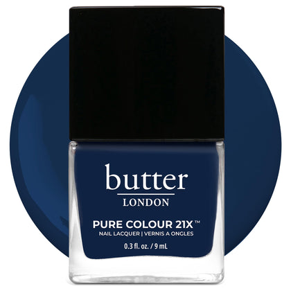 butter LONDON front bottle of Brolly showing deep navy color and sleek packaging benefit: clear brand identity