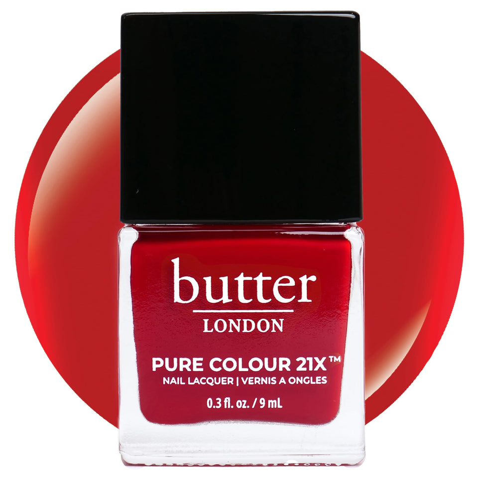 butter LONDON bottle front packaging showing true red color and label, vibrant finish