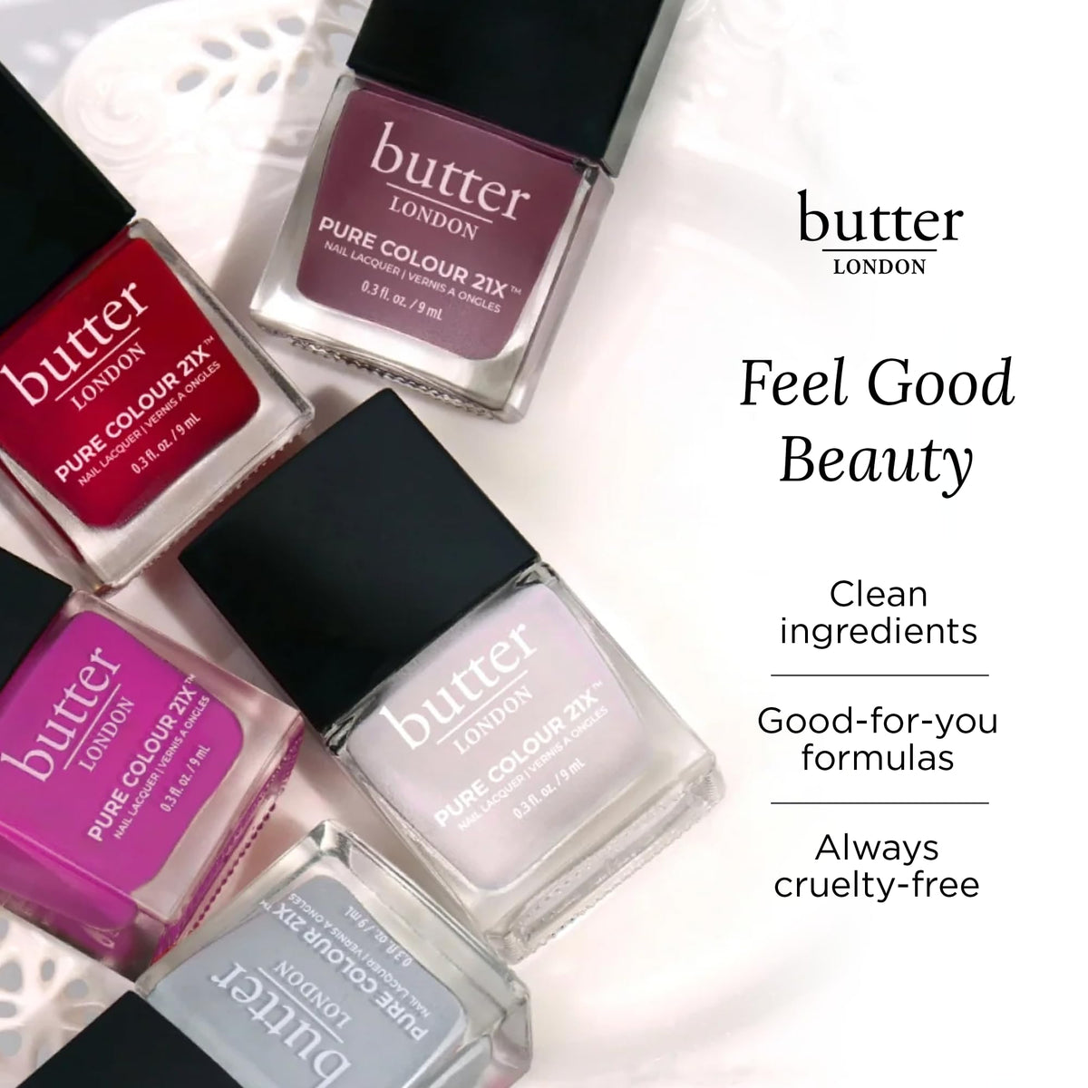 butter LONDON lifestyle flatlay with polish and accessories conveying quick-dry convenience