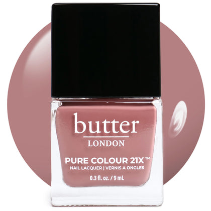 butter LONDON bottle front packaging showing rosy nude shade and label benefit: vibrant shine