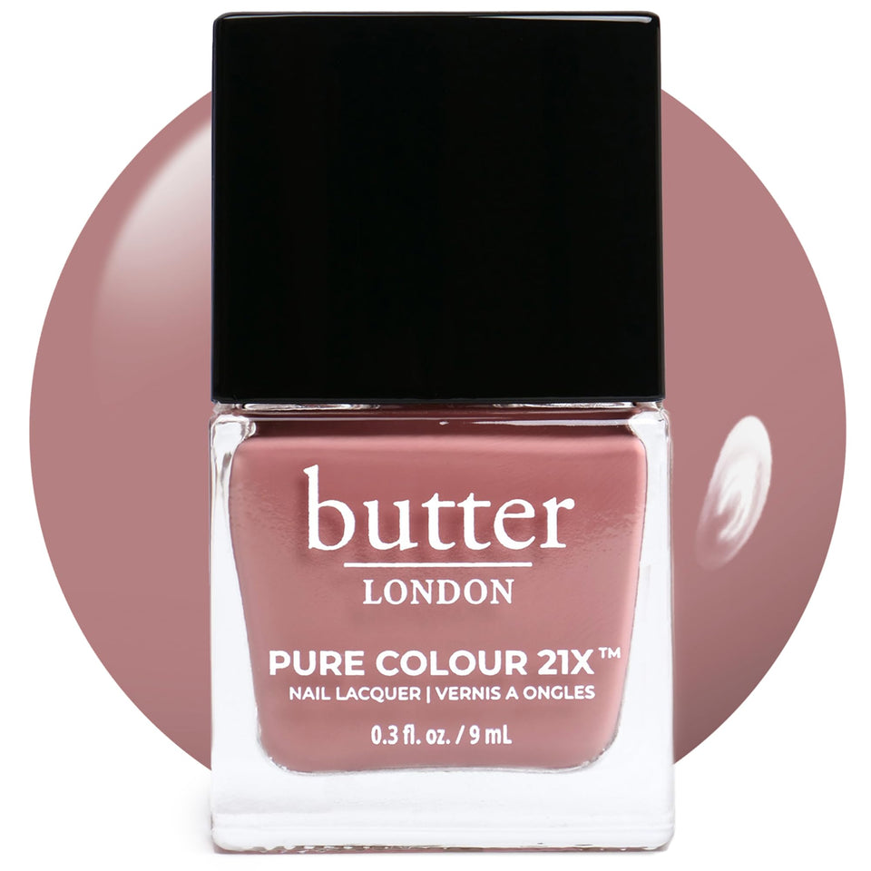 butter LONDON bottle front packaging showing rosy nude shade and label benefit: vibrant shine