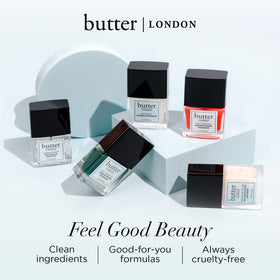 butter LONDON size scale next to coin showing compact bottle, convenient for travel
