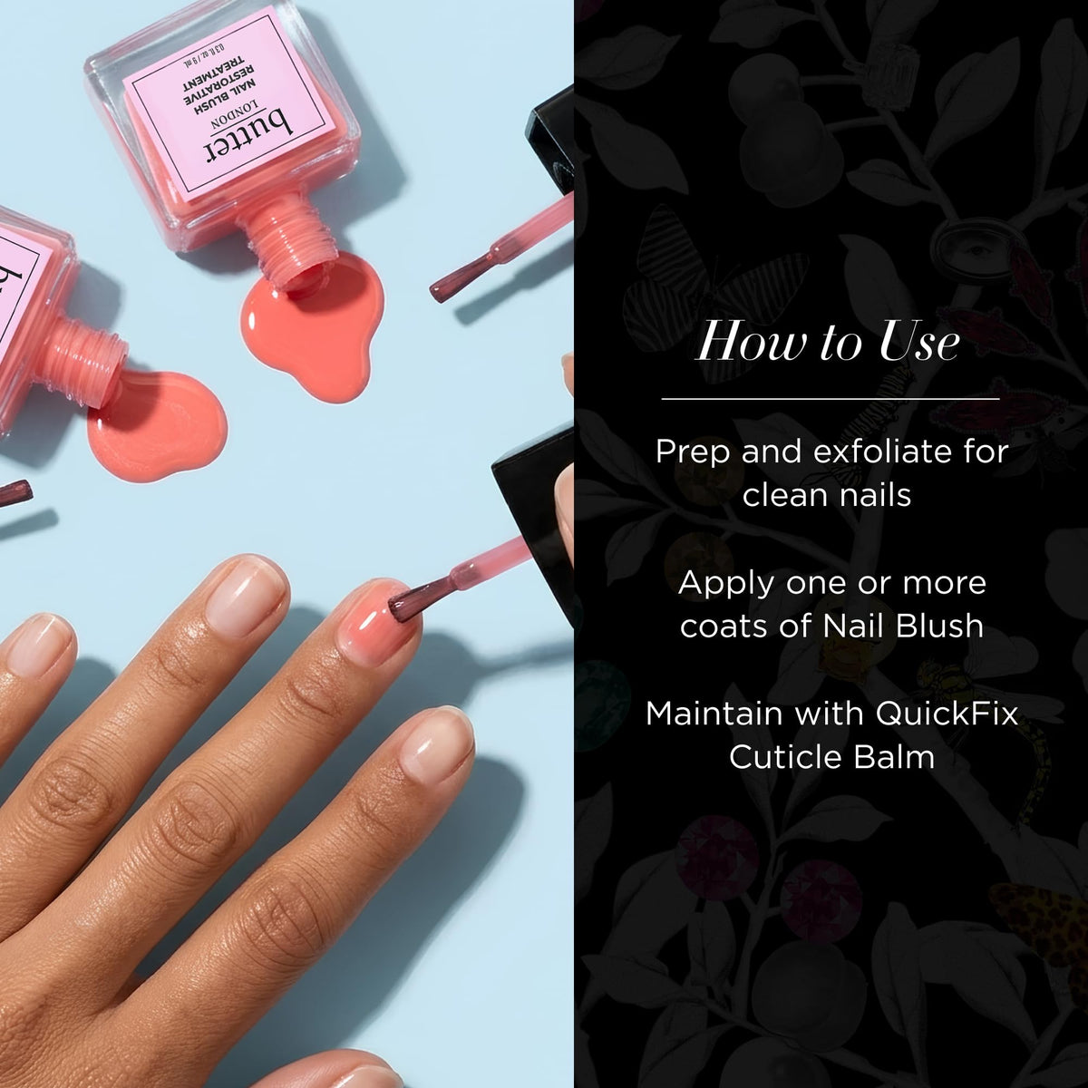 butter LONDON swatch on nails close-up showing buildable color and natural glow