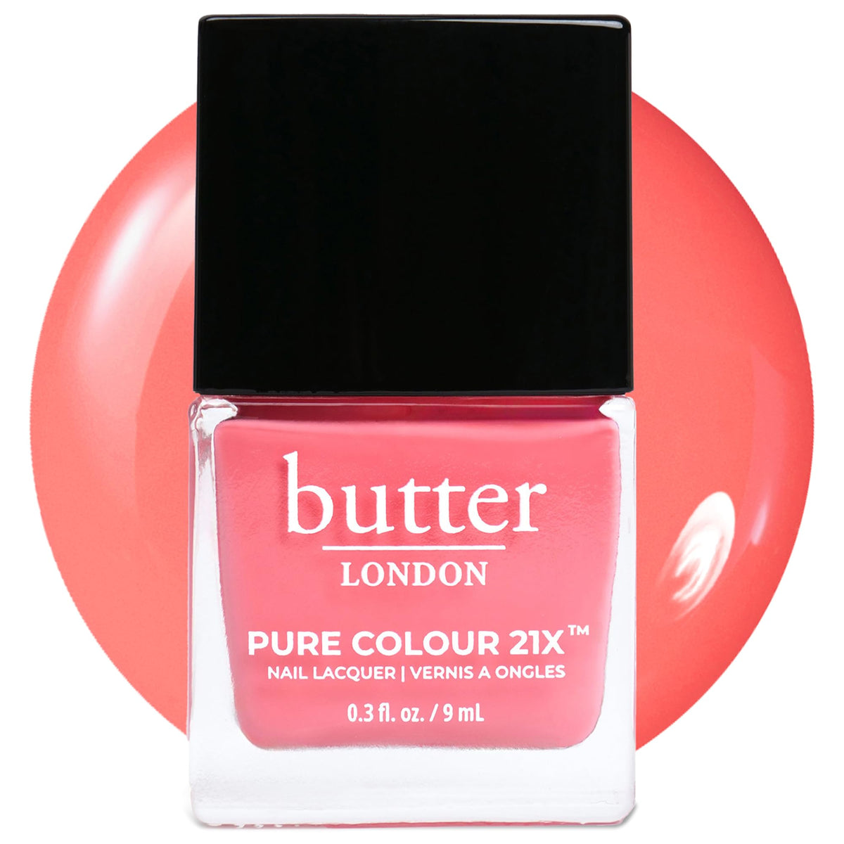 butter LONDON front bottle image showing Trout Pout coral for glossy finish
