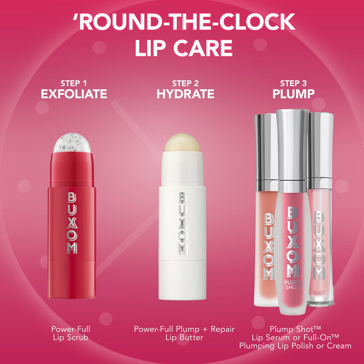 BUXOM before after lips visual showing visible smoothing and fuller-looking results
