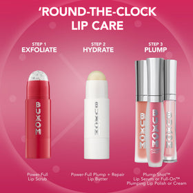 BUXOM before after lips visual showing visible smoothing and fuller-looking results