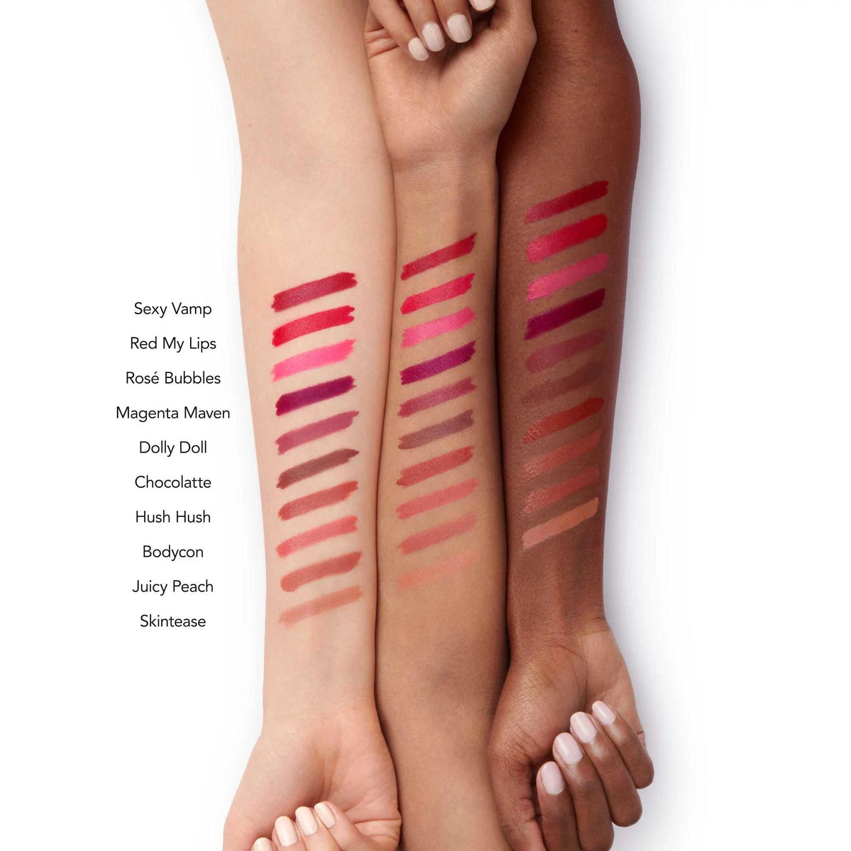 Buxom lipstick being applied to lips demonstrating even coverage and easy control