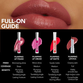 Buxom Dolly Doll applying to lips closeup highlighting defined coverage benefit
