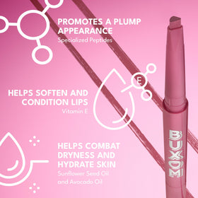 Buxom next to coin scale showing pencil size and travel-friendly benefit
