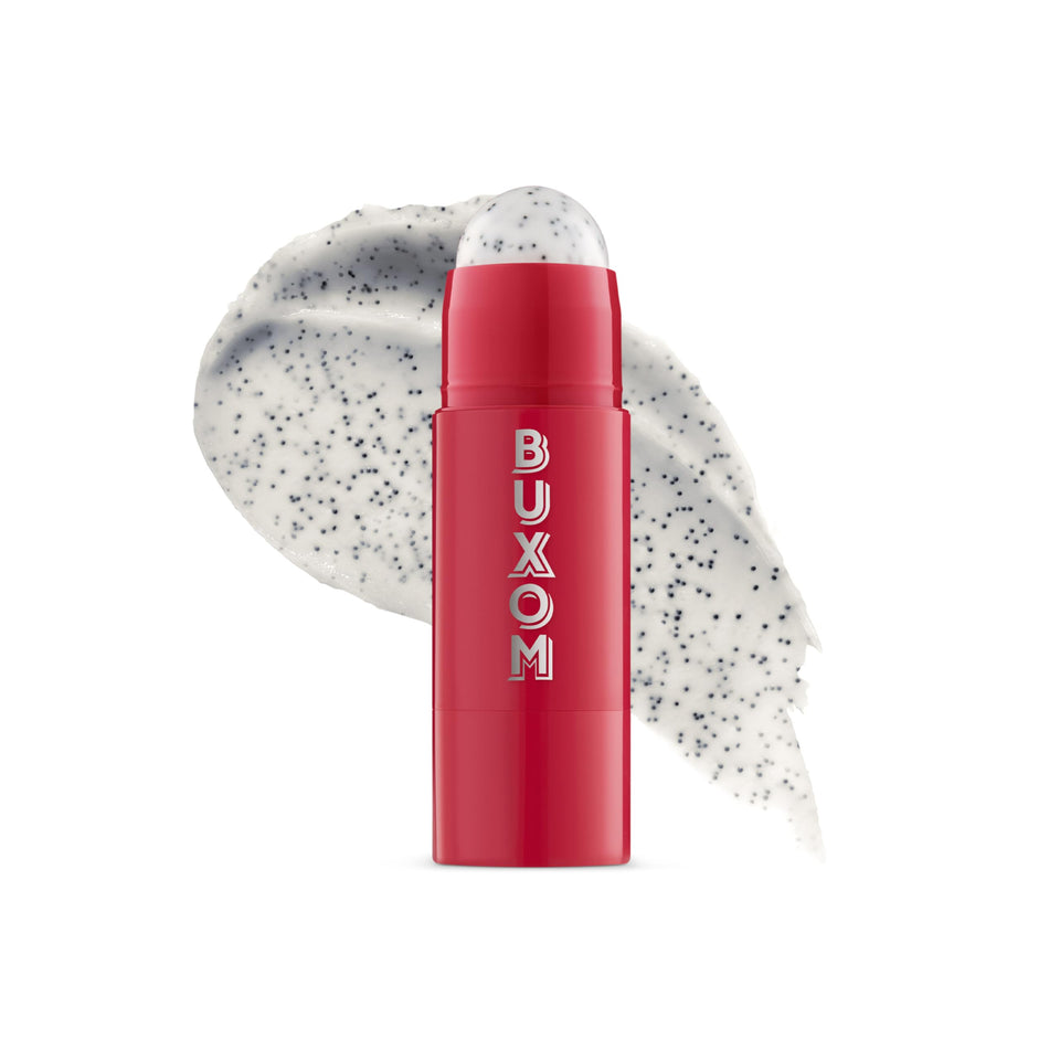 BUXOM front packaging showing Dragon Fruit scrub and easy application benefit