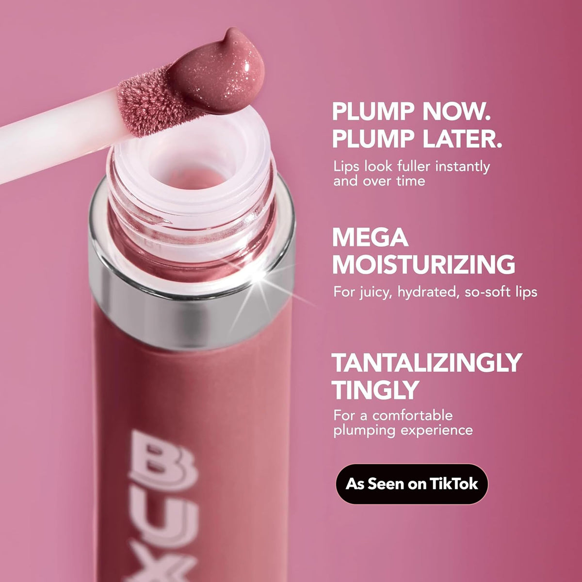Buxom ingredients label close-up, hydrating and clean-formula benefit