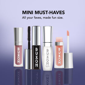 BUXOM lifestyle flatlay inside makeup bag suggesting travel-friendly full-size mascara