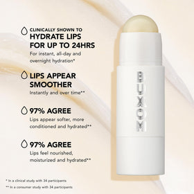 BUXOM lip balm on vanity lifestyle image showing everyday use and polished look