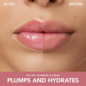 Buxom Mudslide on model lips, displays natural neutral color and fuller-looking lip benefit