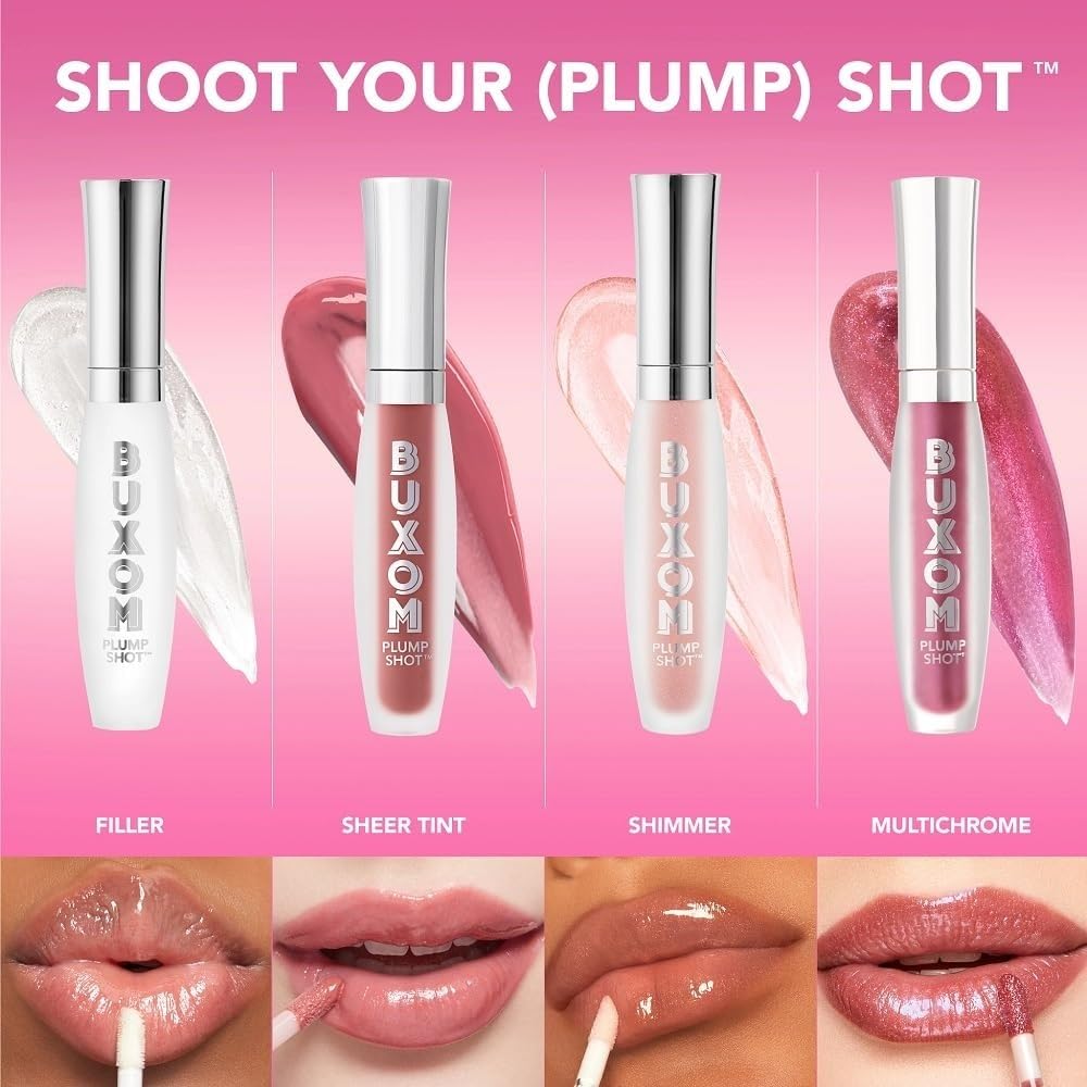 Buxom layered over lipstick showing enhanced shine and color