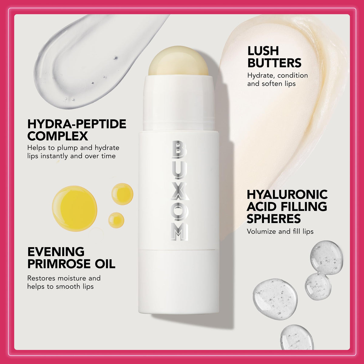 BUXOM size comparison next to coin illustrating compact, portable balm convenience