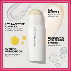 BUXOM size comparison next to coin illustrating compact, portable balm convenience
