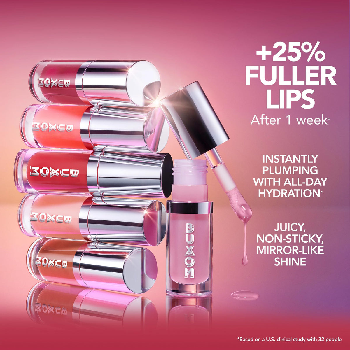 Buxom White Russian lip swatch on model illustrating high-shine plumping effect