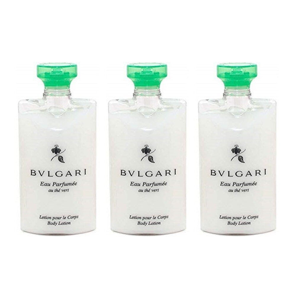BVLGARI Au Thé Vert front packaging showing three travel-sized bottles for convenience