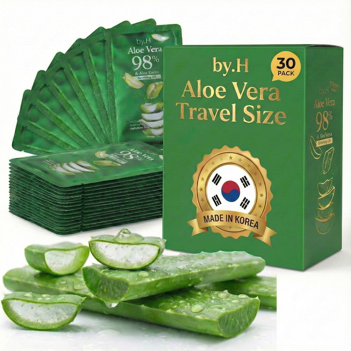 by.H front view of 30 travel aloe packets showing compact convenience and TSA-friendly size