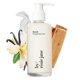 By Rosie Jane bottle front packaging showing Dulce body milk and branding benefits