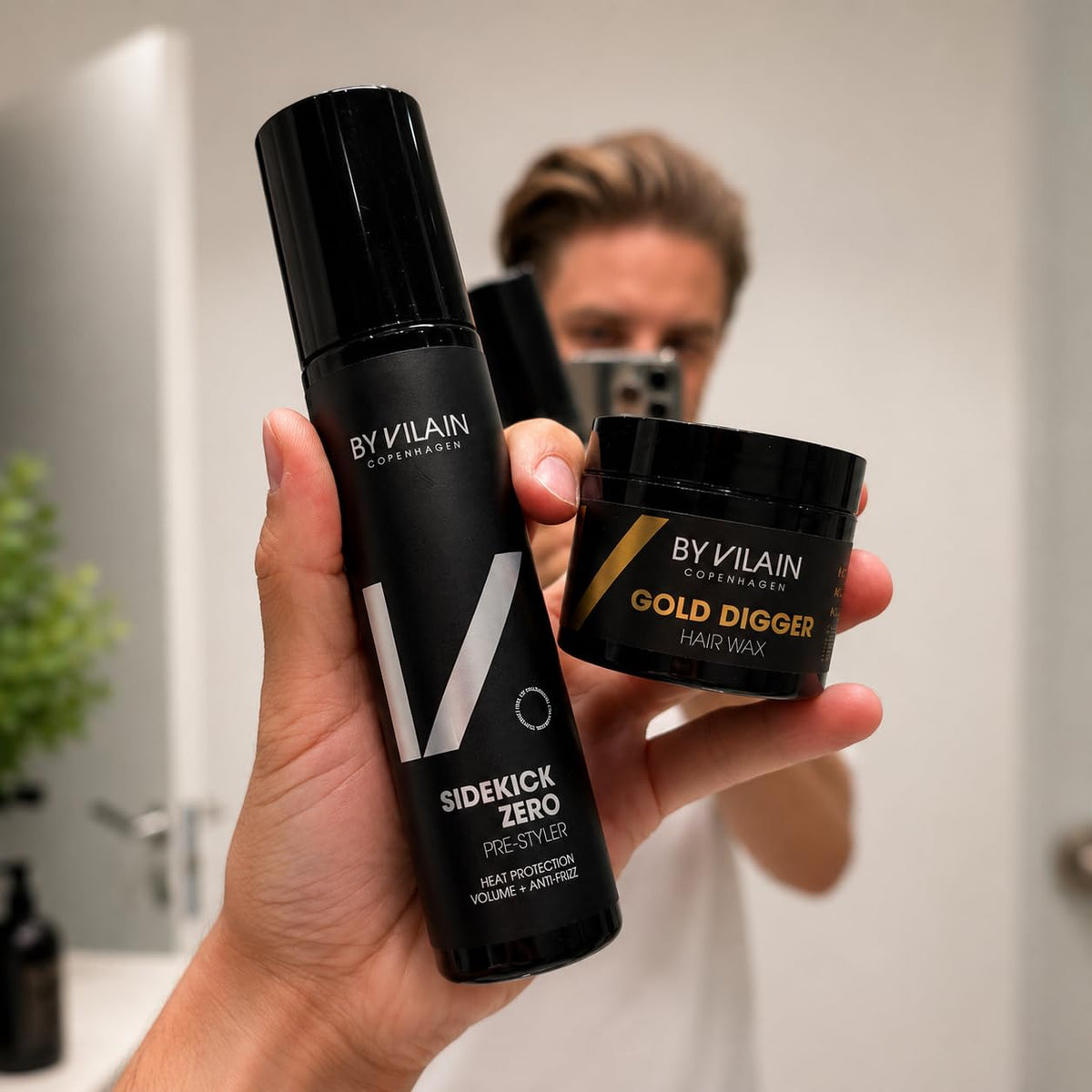 By Vilain man molding facial hair with Gold Digger for precise edges and hold