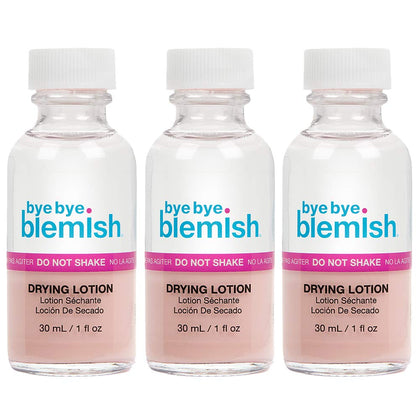 Bye Bye Blemish front packaging showing three 1oz bottles for reliable spot treatment