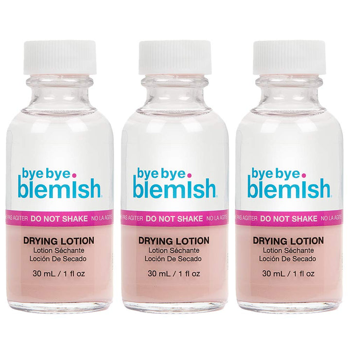 Bye Bye Blemish front packaging showing three 1oz bottles for reliable spot treatment