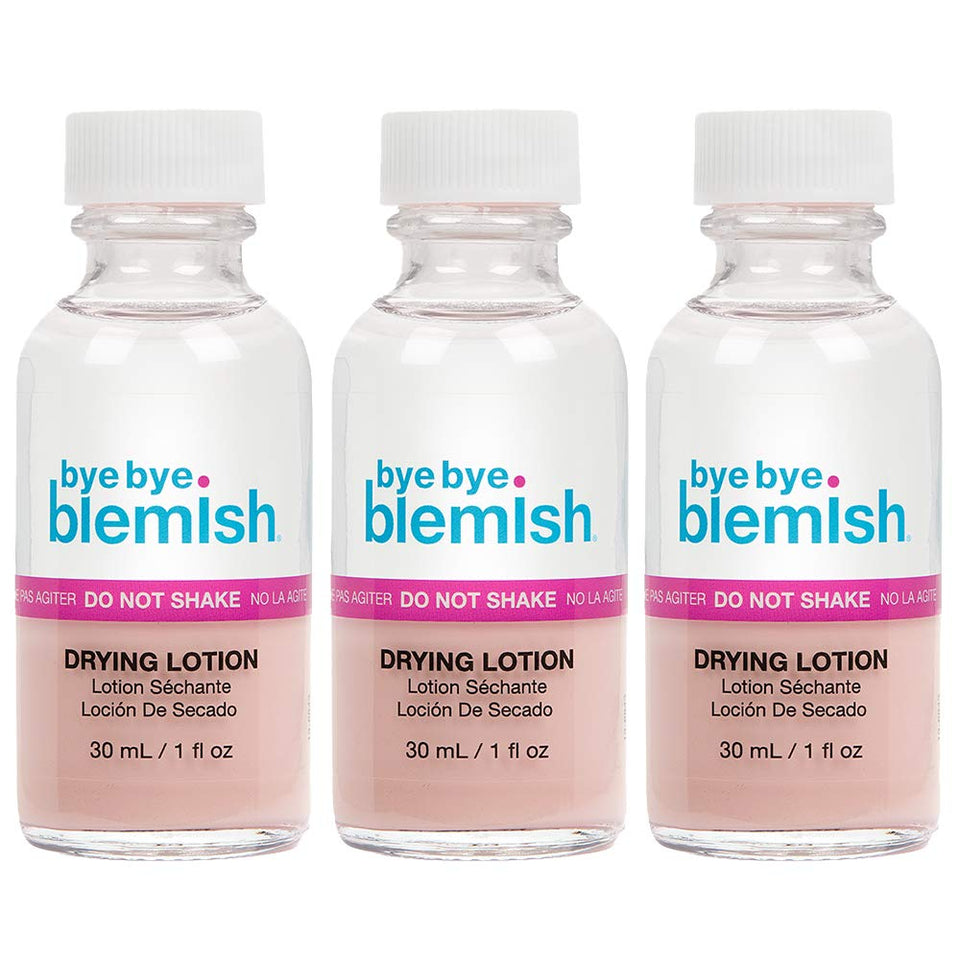 Bye Bye Blemish front packaging showing three 1oz bottles for reliable spot treatment