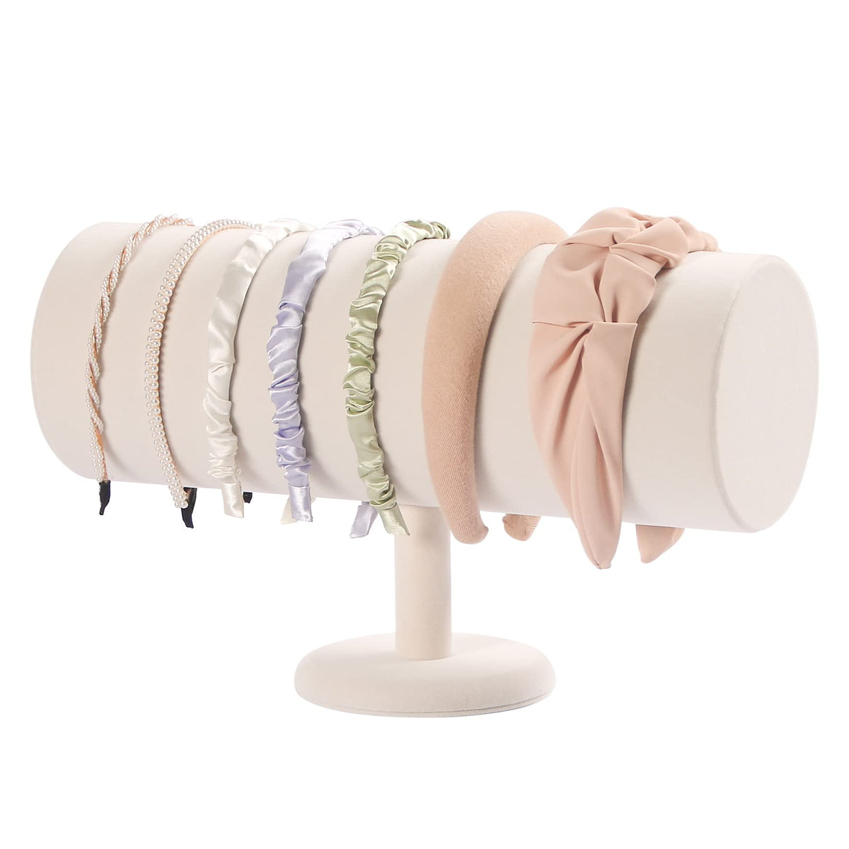 ByKen beige velvet front view showing neat headband storage benefit