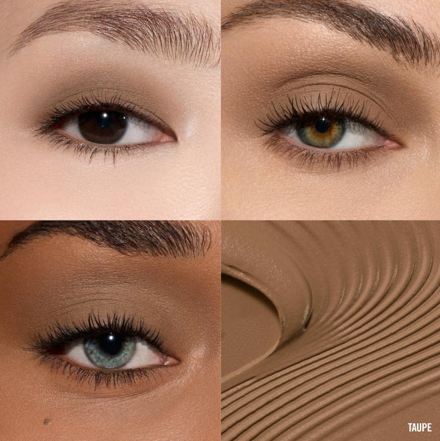 BY MARIO close-up texture of taupe cream eyeshadow highlighting blendable, weightless formula