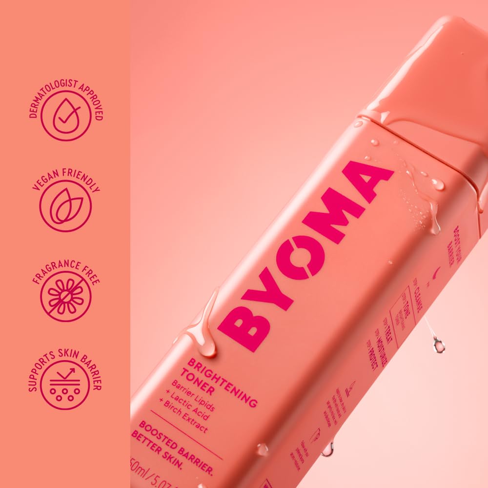 BYOMA brightening toner bottle next to ingredients shows science-driven formulation