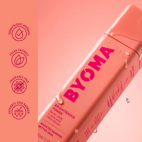 BYOMA brightening toner bottle next to ingredients shows science-driven formulation