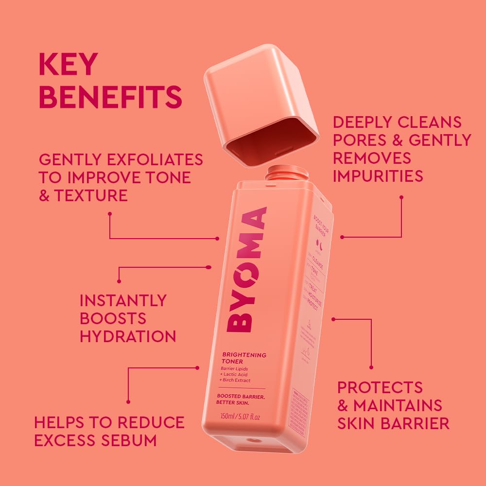 BYOMA brightening toner closeup label displays active ingredients and barrier focus
