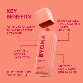 BYOMA brightening toner closeup label displays active ingredients and barrier focus
