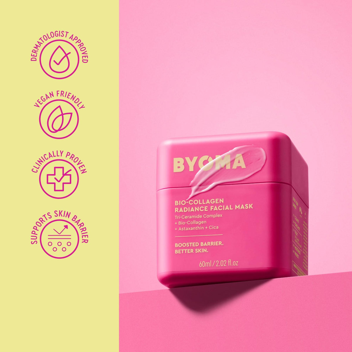 BYOMA ingredient label focusing on Bio-Collagen, cica, and ceramides benefits