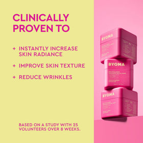 BYOMA mask applied to model face demonstrating even coverage and glow
