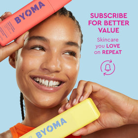 BYOMA product in use with woman applying serum showing easy layering and fast absorption benefit