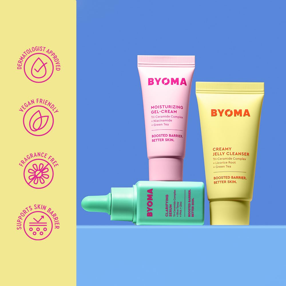 BYOMA product label and ingredients list focused on tri-ceramide complex transparency