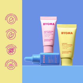 BYOMA products on bathroom shelf lifestyle scene showing everyday routine convenience