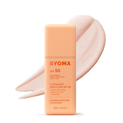 BYOMA front packaging showing SPF 50 and fluid benefits