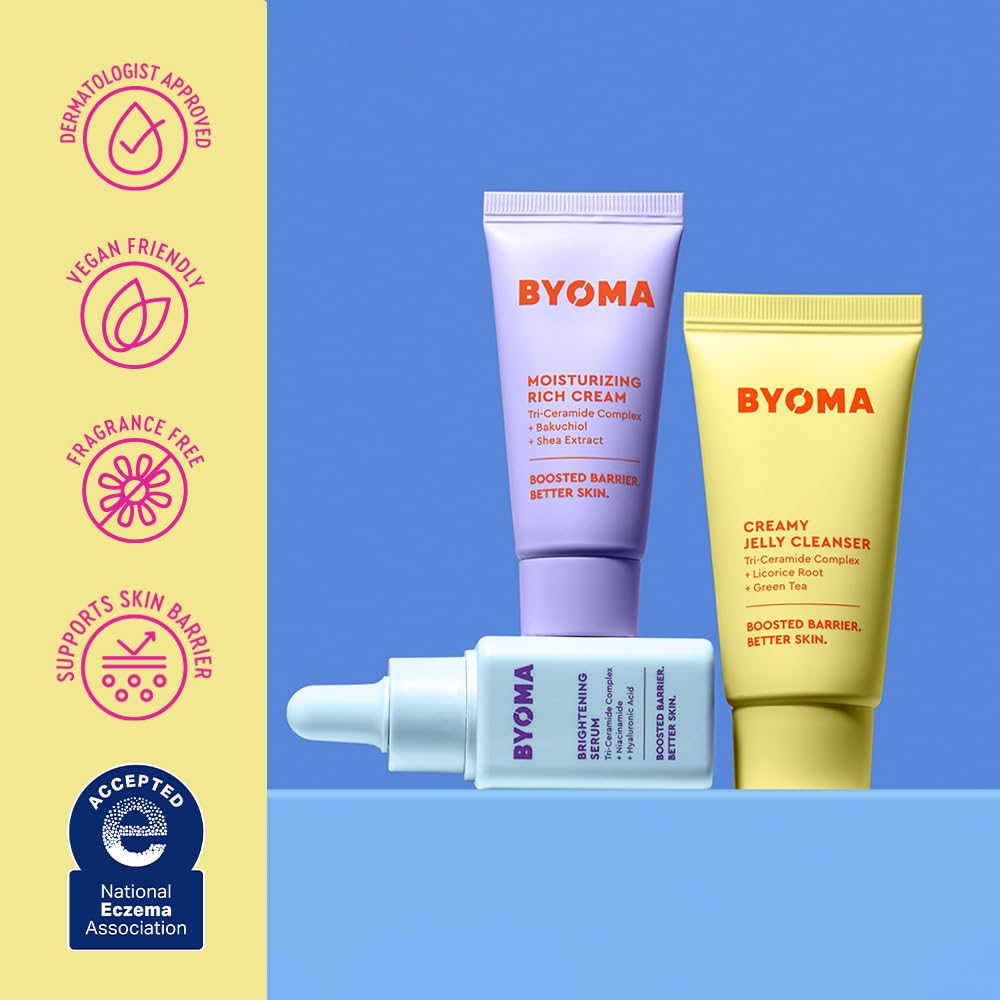 BYOMA travel sizes arranged on counter illustrating portability and routine convenience benefit