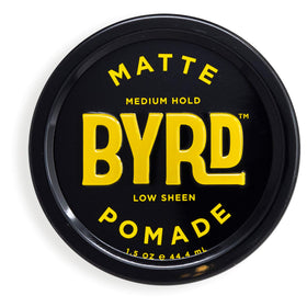 BYRD matte pomade front packaging showing jar and brand benefits