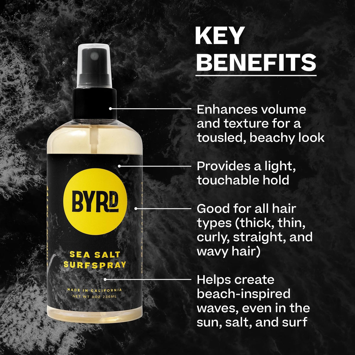 BYRD spray action misting over hair delivering instant texture and natural volume
